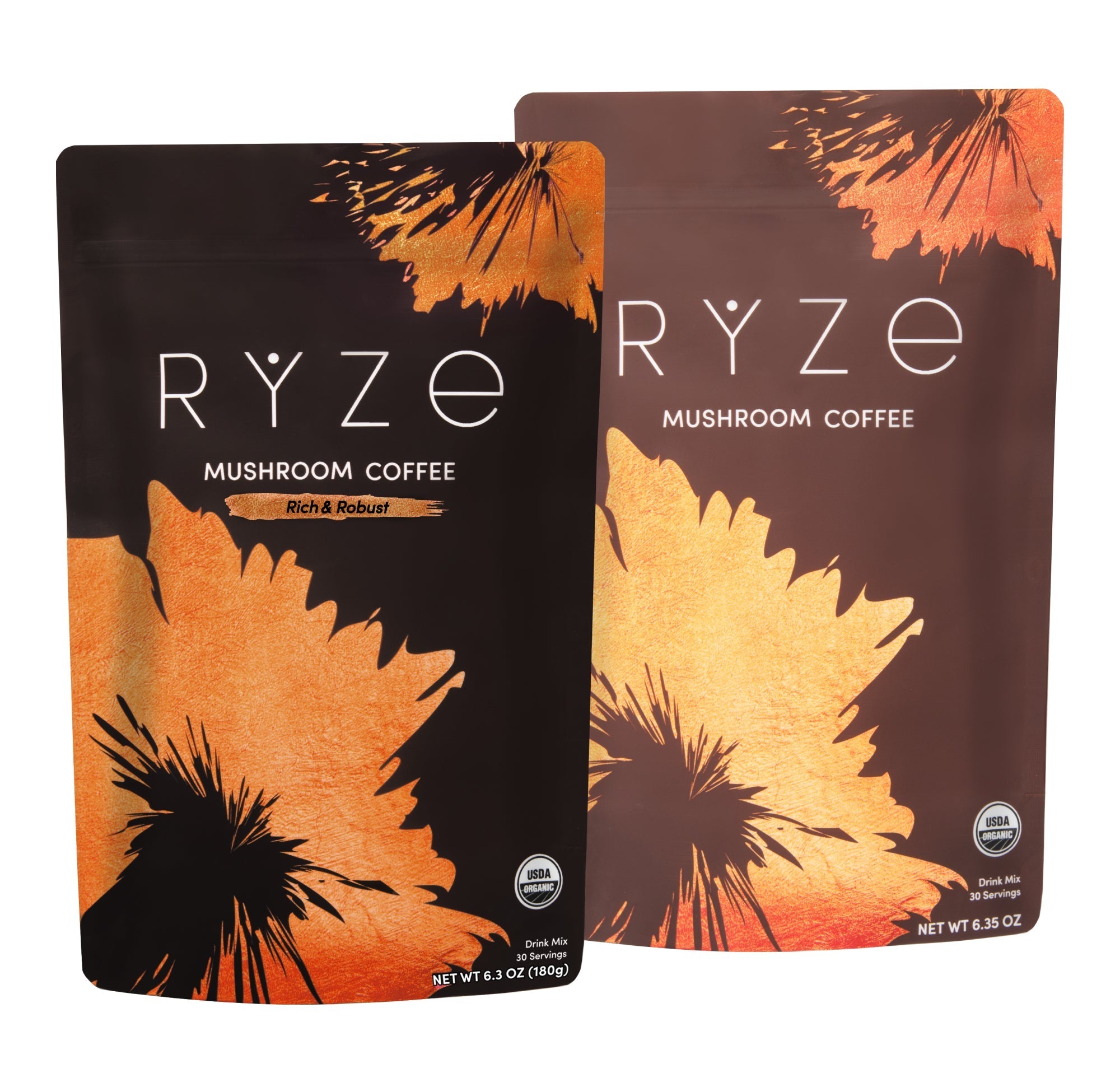 Two RYZE Mushroom Coffee bags: Rich & Robust dark roast (black/orange) and Bright & Smooth (brown/orange) displayed...