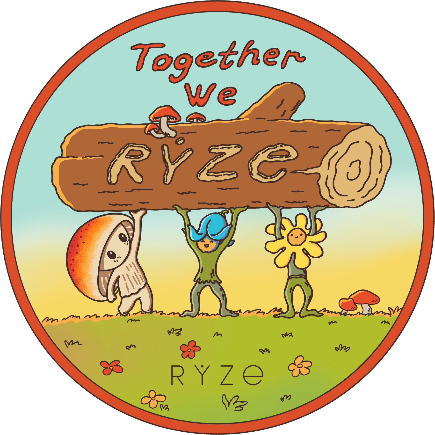 RYZE sticker: forest characters holding a Together We RYZE log in a colorful meadow